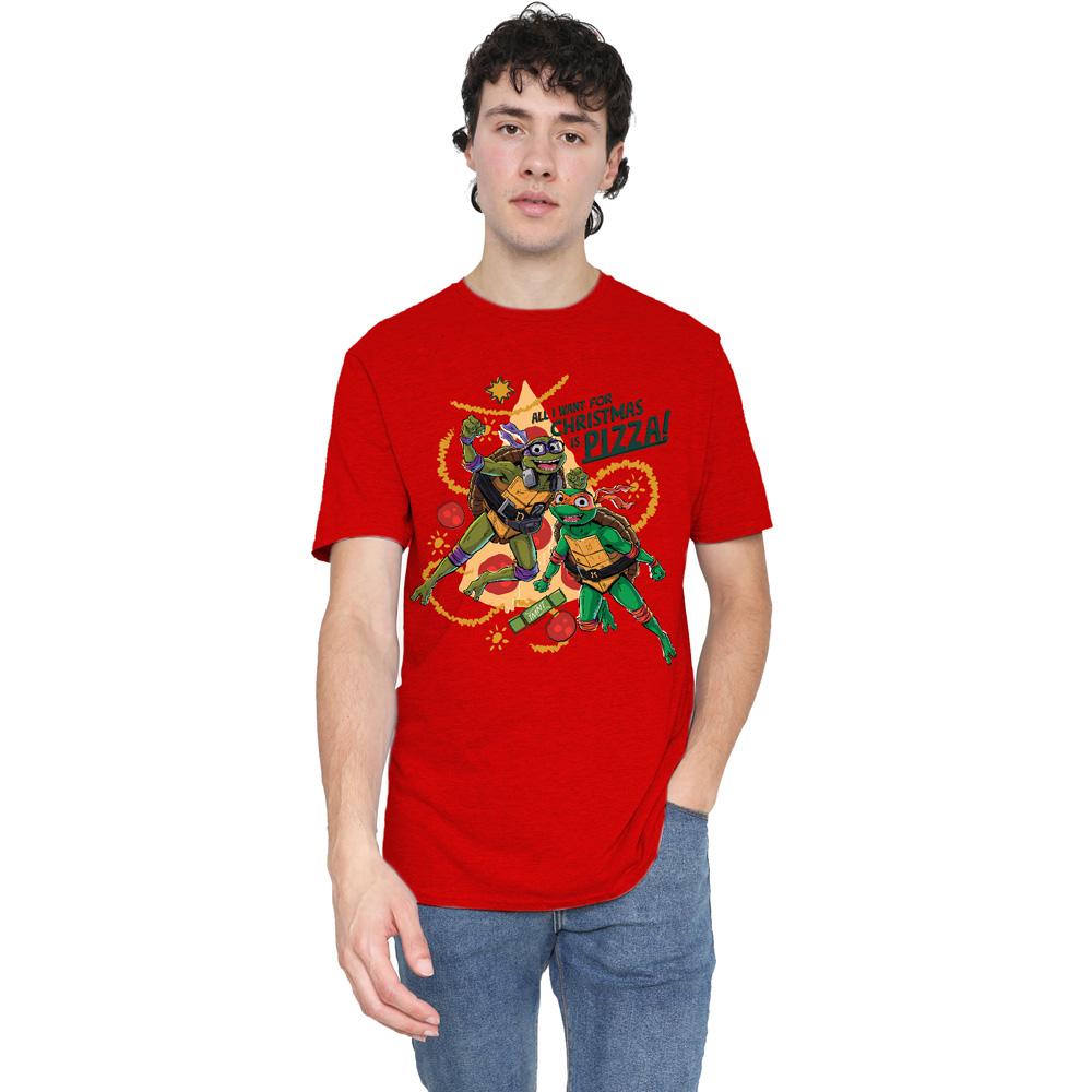 Red - Lifestyle - Teenage Mutant Ninja Turtles: Mutant Mayhem Unisex Adult Michelangelo & Donatello Pizza Christmas T-Shirt