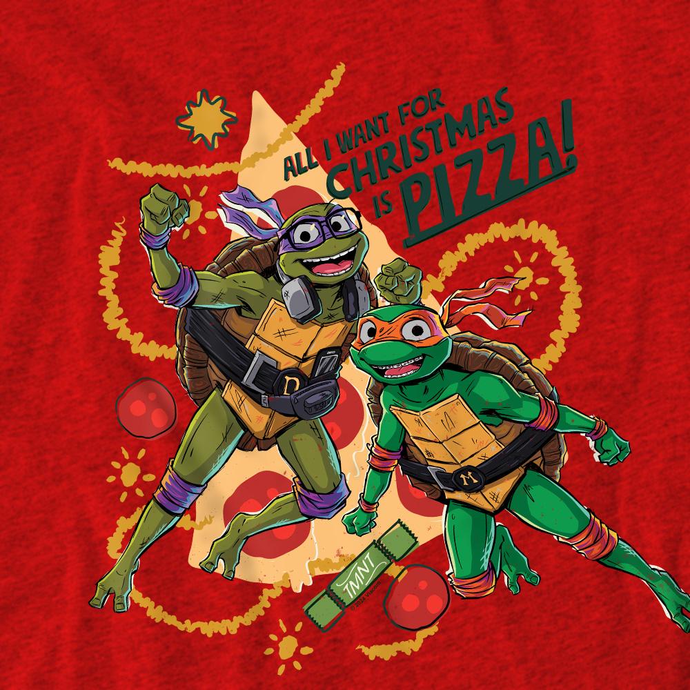 Red - Pack Shot - Teenage Mutant Ninja Turtles: Mutant Mayhem Unisex Adult Michelangelo & Donatello Pizza Christmas T-Shirt