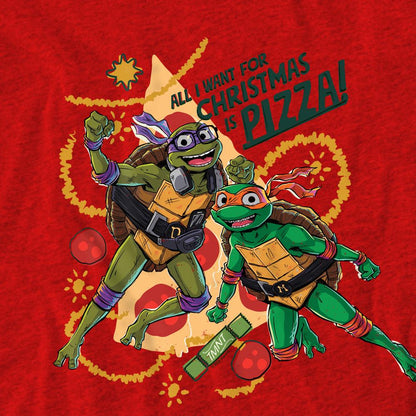 Red - Pack Shot - Teenage Mutant Ninja Turtles: Mutant Mayhem Unisex Adult Michelangelo & Donatello Pizza Christmas T-Shirt
