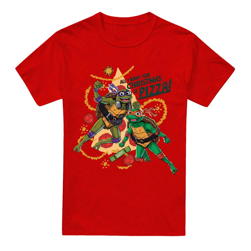 Red - Front - Teenage Mutant Ninja Turtles: Mutant Mayhem Unisex Adult Michelangelo & Donatello Pizza Christmas T-Shirt