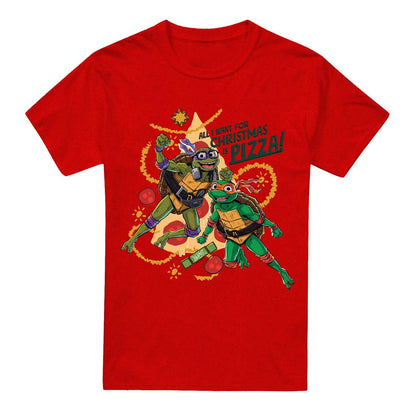 Red - Front - Teenage Mutant Ninja Turtles: Mutant Mayhem Unisex Adult Michelangelo & Donatello Pizza Christmas T-Shirt