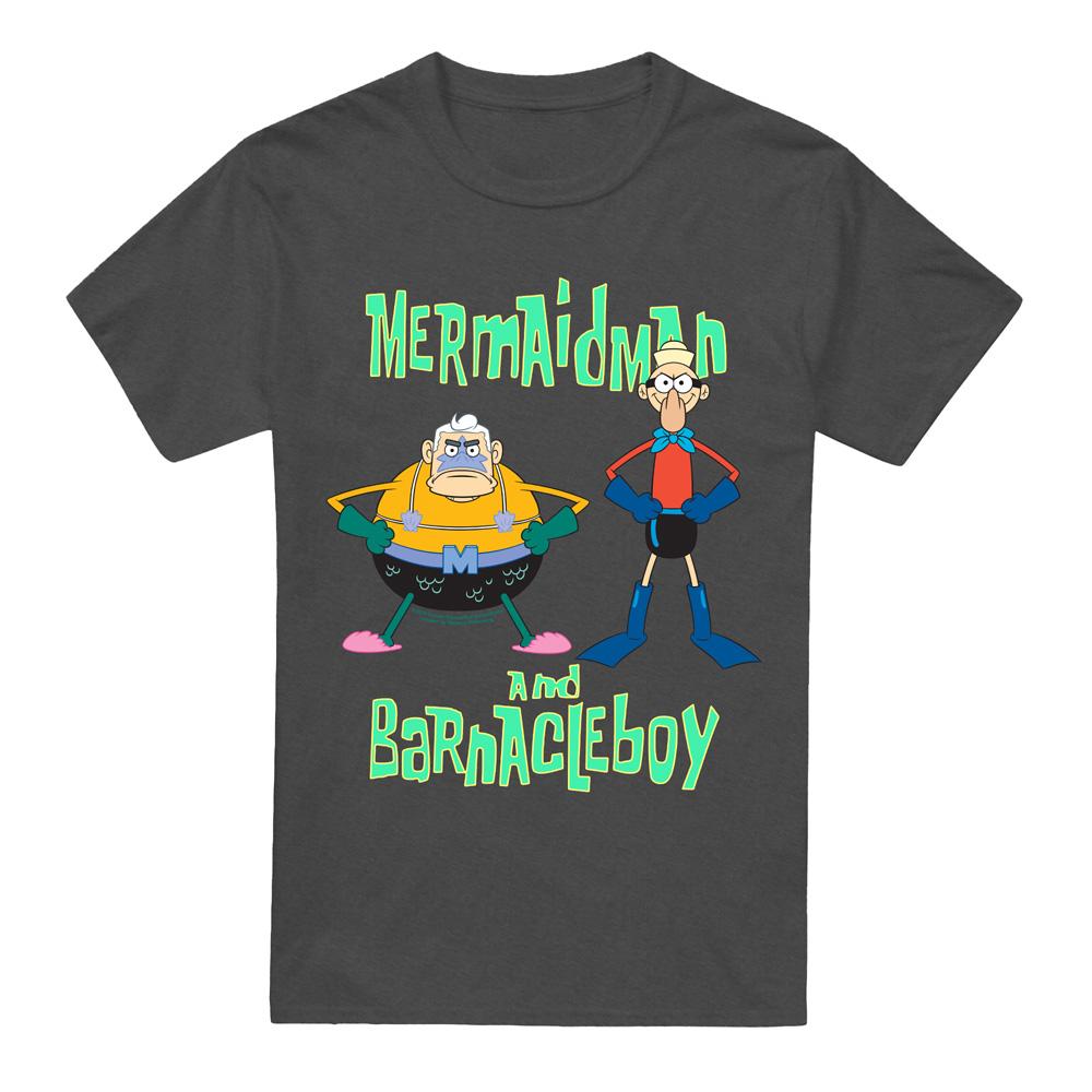 Charcoal - Front - SpongeBob SquarePants Unisex Adult Mermaid Man & Barnacle Boy T-Shirt