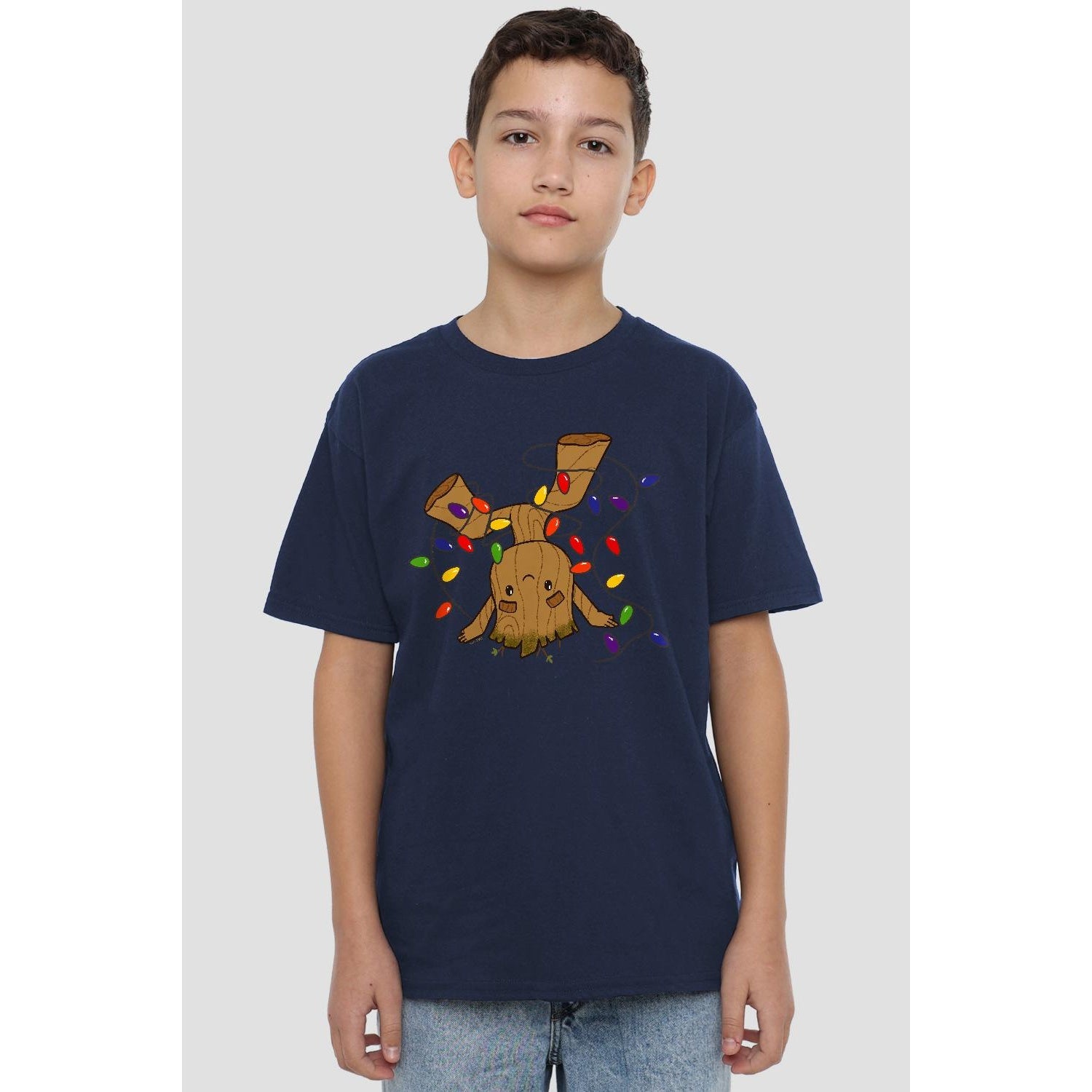 Navy - Back - Guardians Of The Galaxy Childrens-Kids Groot Christmas Lights T-Shirt