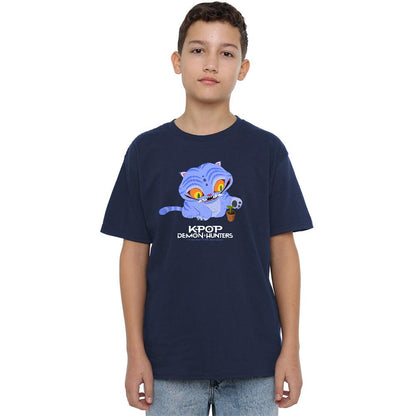 Navy - Front - K-Pop Demon Hunters Childrens-Kids Cute Derpy Tiger T-Shirt