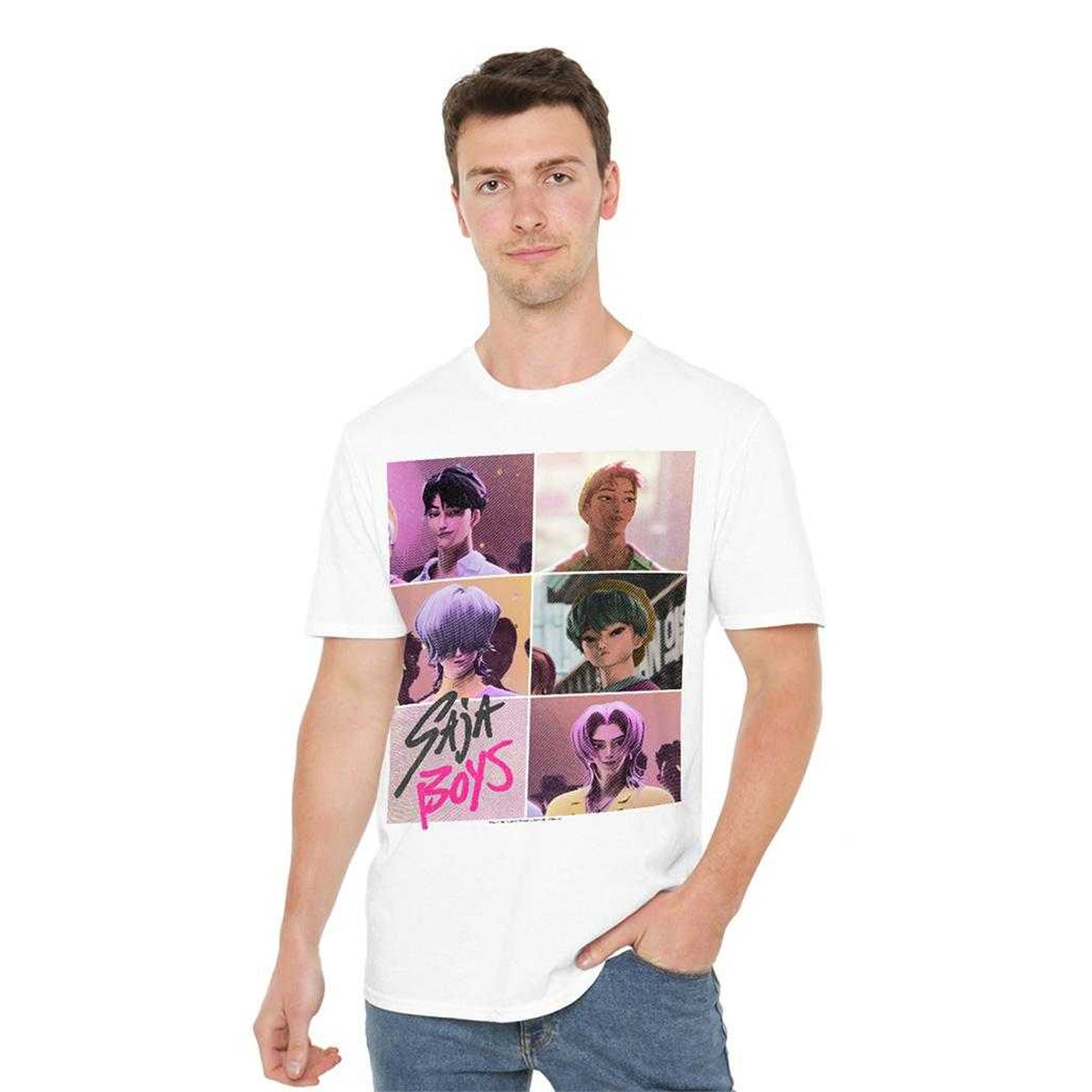 White - Side - K-Pop Demon Hunters Unisex Adult Era Saja Boys Grid T-Shirt