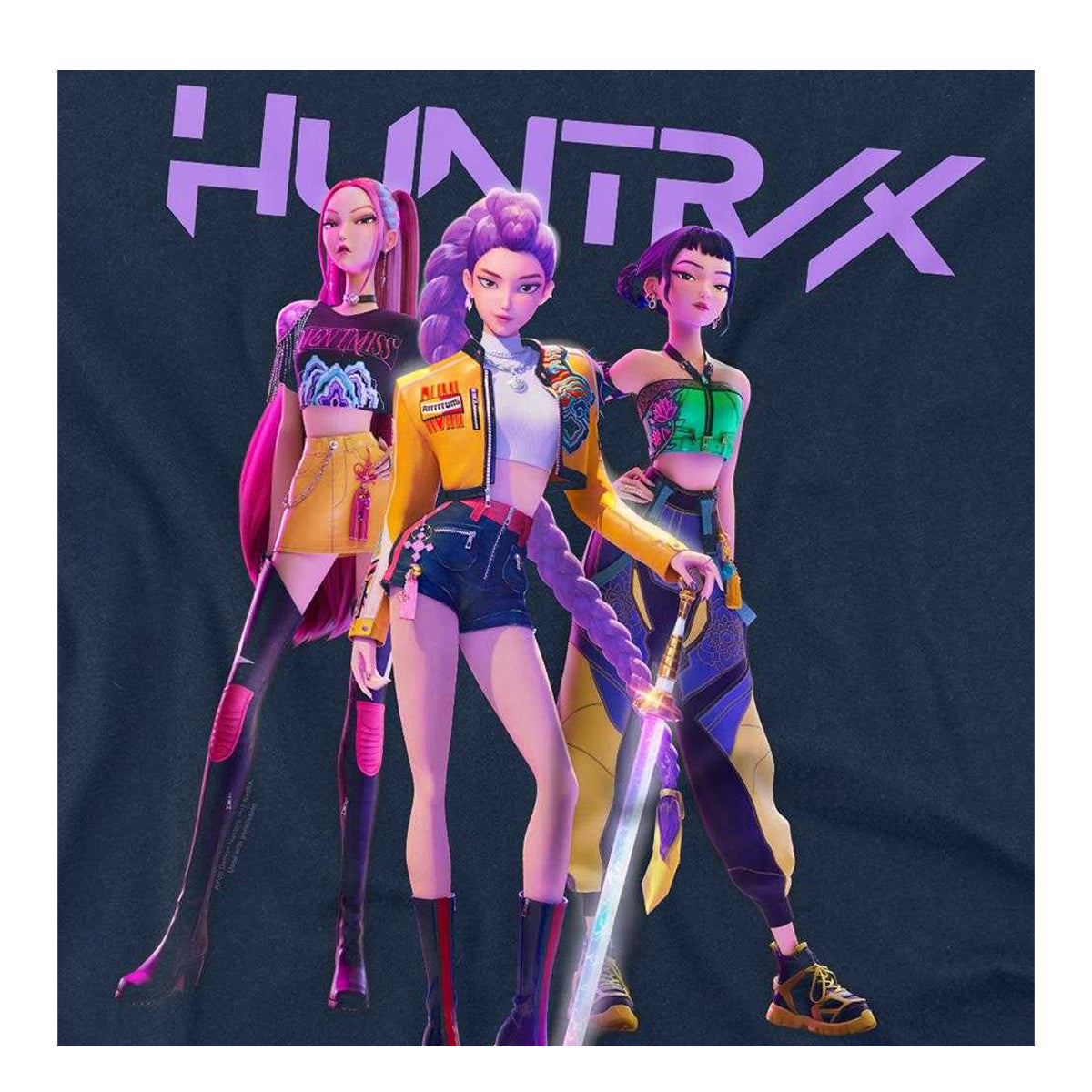 Navy - Pack Shot - K-Pop Demon Hunters Unisex Adult Huntr-X Group Shot Back Print T-Shirt