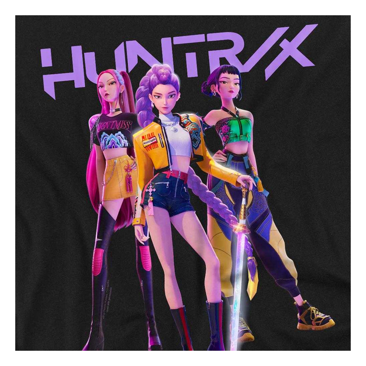 Black - Pack Shot - K-Pop Demon Hunters Unisex Adult Huntr-X Group Shot Back Print T-Shirt