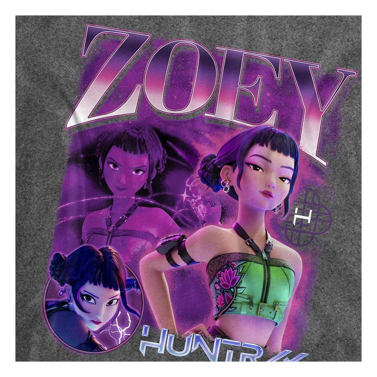 Vintage Wash-Black - Side - K-Pop Demon Hunters Unisex Adult Huntr-X Zoey Bootleg T-Shirt