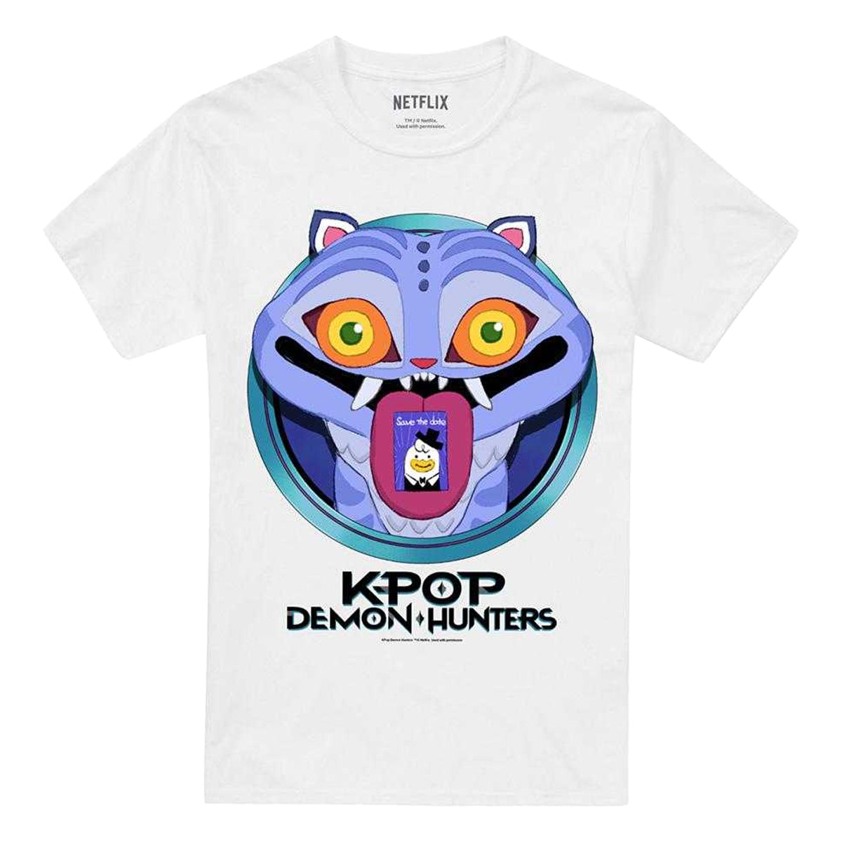 White - Front - K-Pop Demon Hunters Unisex Adult Save The Date Derpy Tiger Cartoon T-Shirt