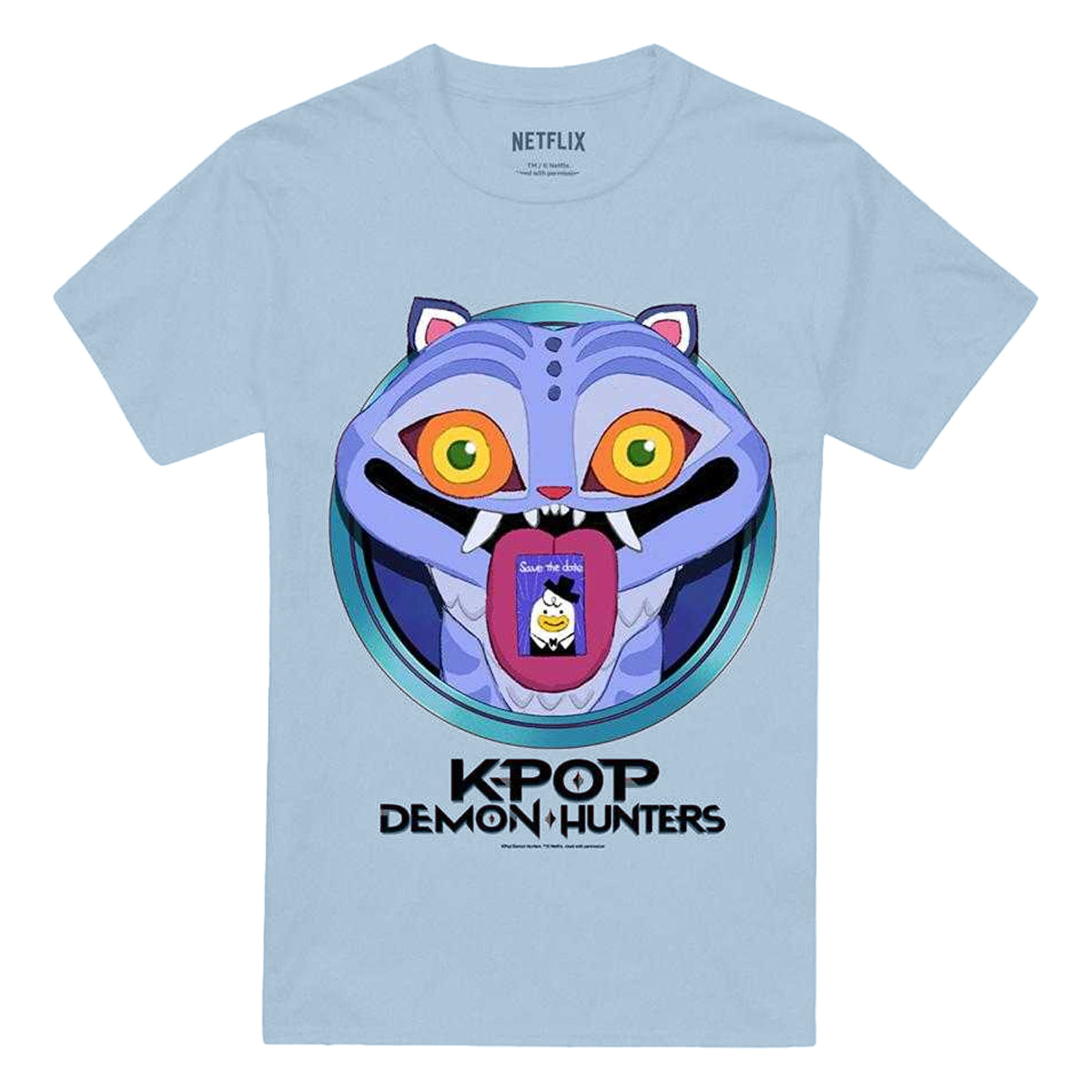 Sky Blue - Front - K-Pop Demon Hunters Unisex Adult Save The Date Derpy Tiger Cartoon T-Shirt