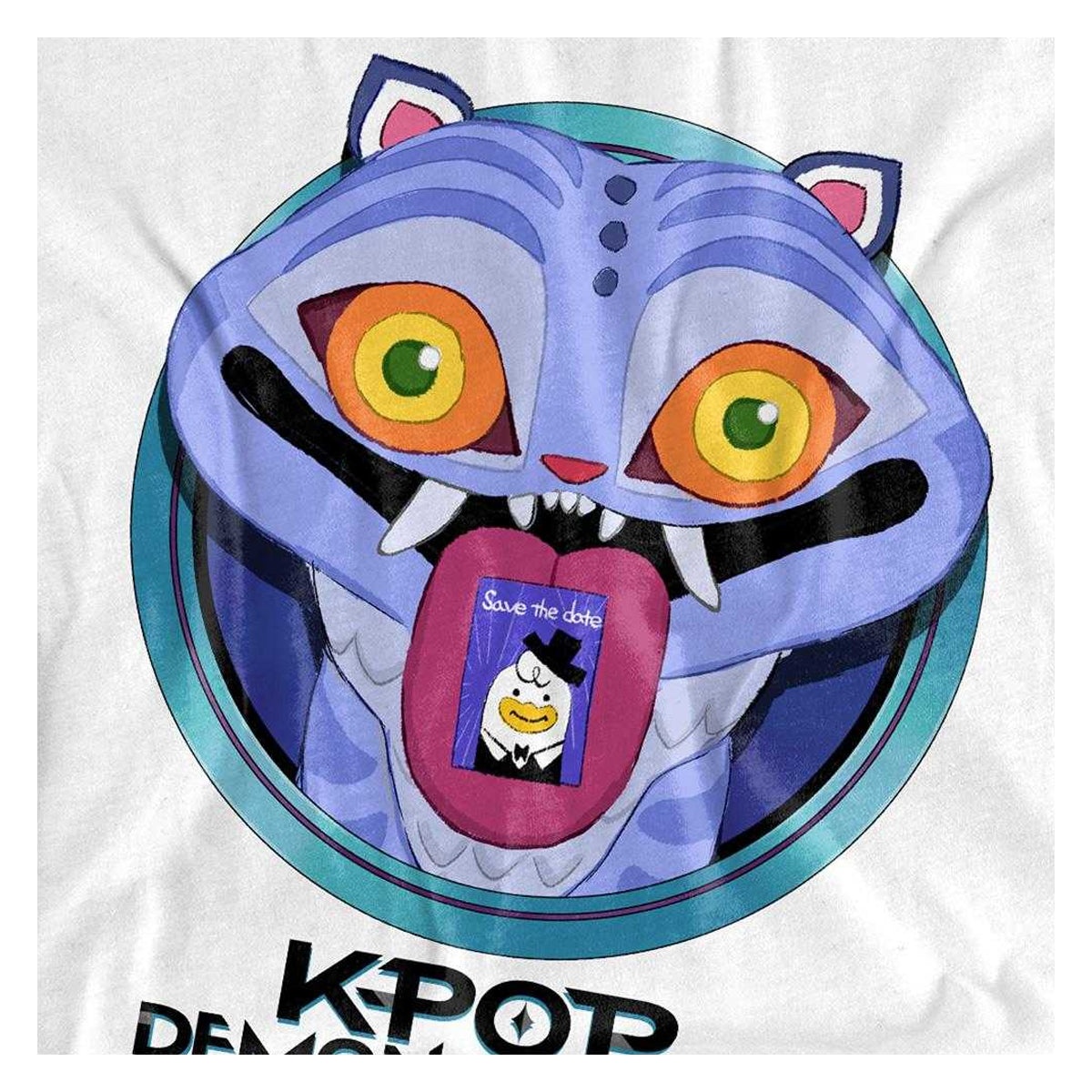 White - Side - K-Pop Demon Hunters Womens-Ladies Save The Date Derpy Tiger Cartoon T-Shirt