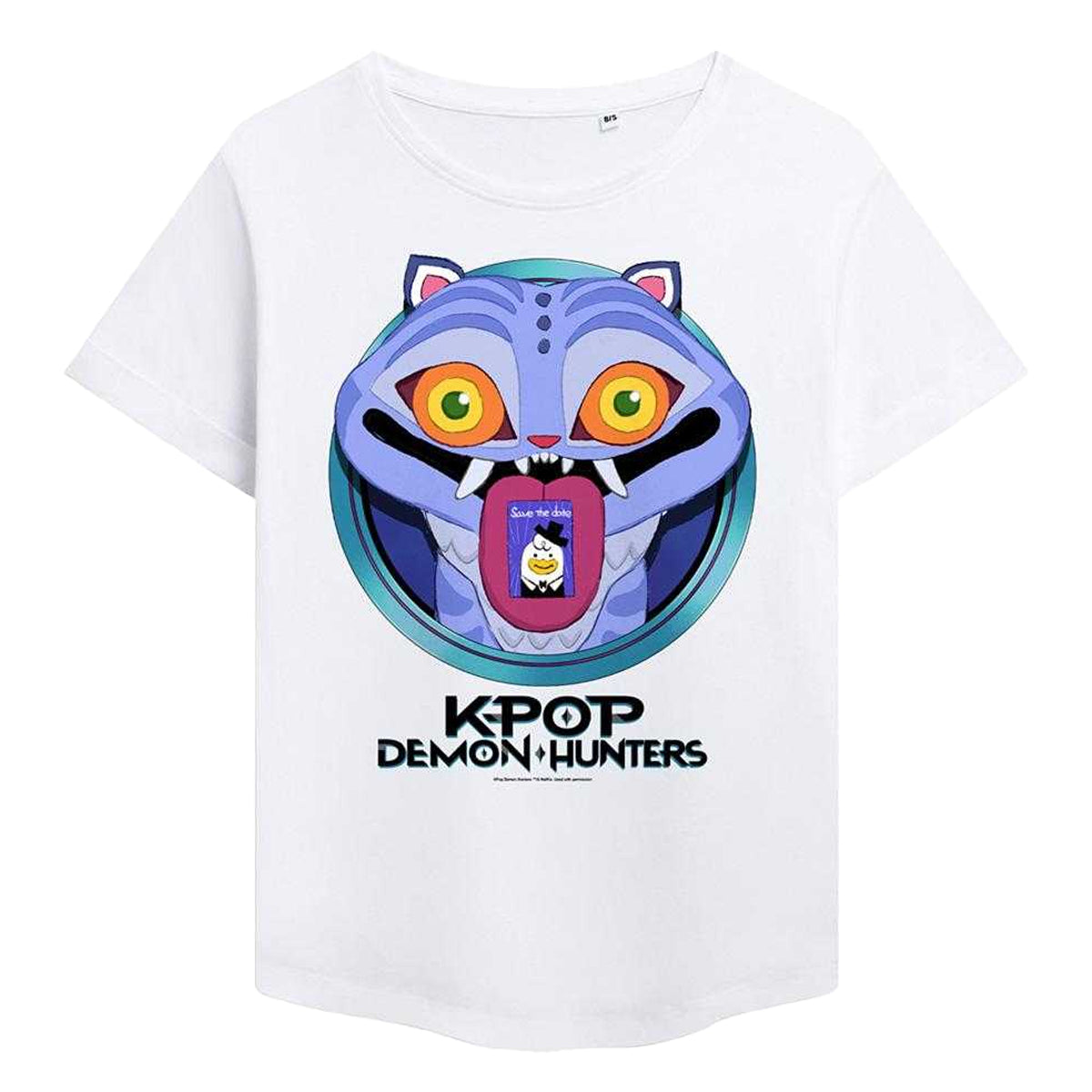 White - Front - K-Pop Demon Hunters Womens-Ladies Save The Date Derpy Tiger Cartoon T-Shirt
