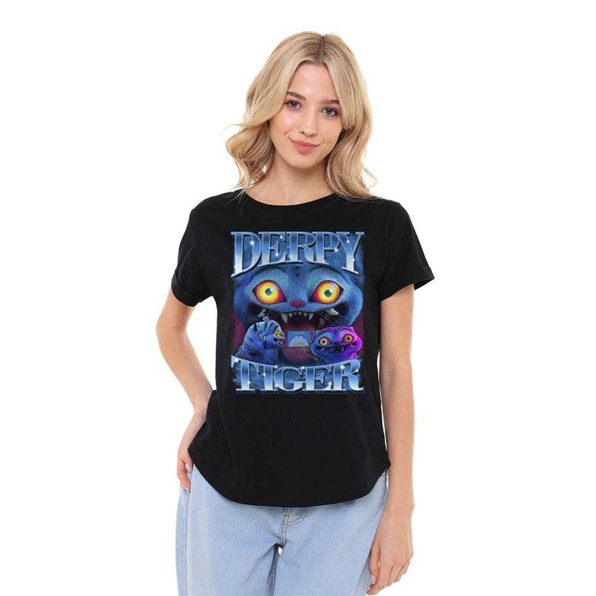Black - Lifestyle - K-Pop Demon Hunters Womens-Ladies Derpy Tiger Bootleg T-Shirt