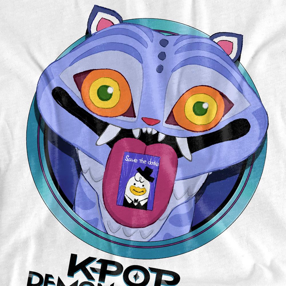 White - Side - K-Pop Demon Hunters Womens-Ladies Save The Date Derpy Tiger Cartoon T-Shirt