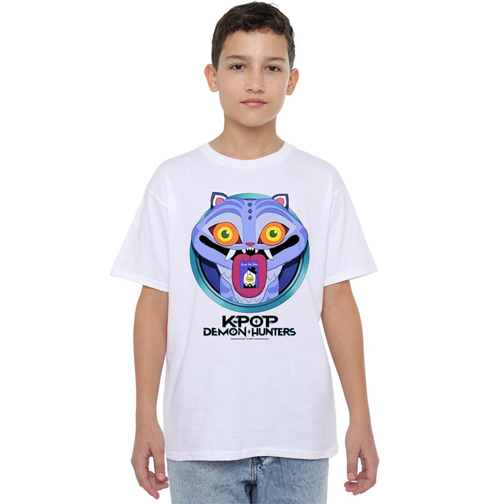 White - Pack Shot - K-Pop Demon Hunters Childrens-Kids Save The Date Derpy Tiger Cartoon T-Shirt