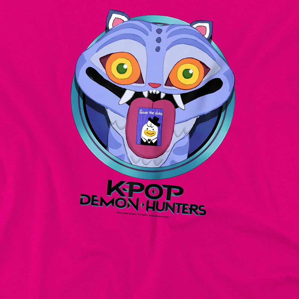 Fuchsia - Side - K-Pop Demon Hunters Childrens-Kids Save The Date Derpy Tiger Cartoon T-Shirt