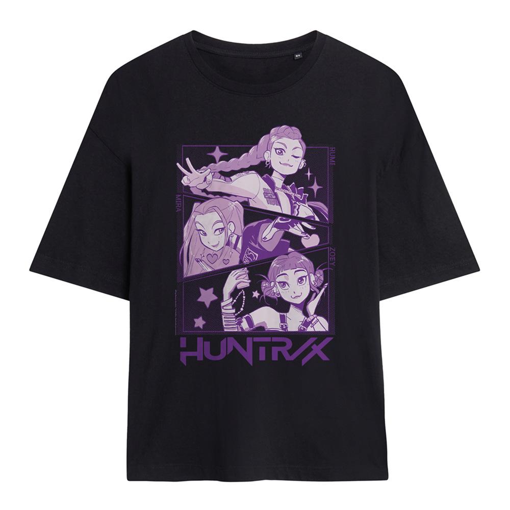Black - Front - K-Pop Demon Hunters Womens-Ladies Huntr-X Manga Panelled Oversized T-Shirt