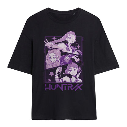 Black - Front - K-Pop Demon Hunters Womens-Ladies Huntr-X Manga Panelled Oversized T-Shirt