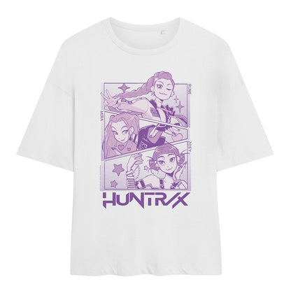White - Back - K-Pop Demon Hunters Womens-Ladies Huntr-X Manga Panelled Oversized T-Shirt