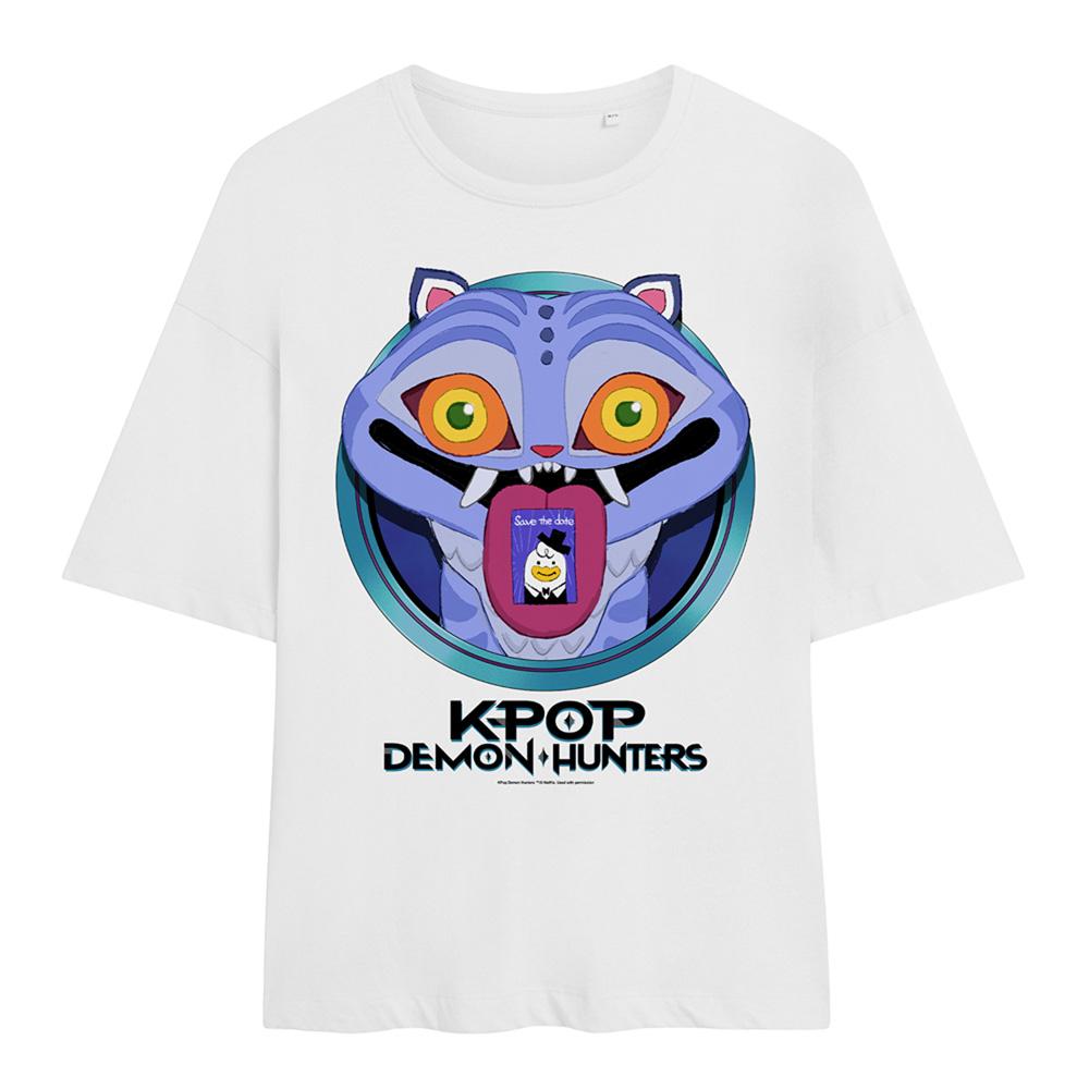 White - Front - K-Pop Demon Hunters Womens-Ladies Save The Date Derpy Tiger Cartoon Oversized T-Shirt