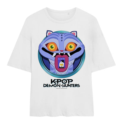 White - Front - K-Pop Demon Hunters Womens-Ladies Save The Date Derpy Tiger Cartoon Oversized T-Shirt