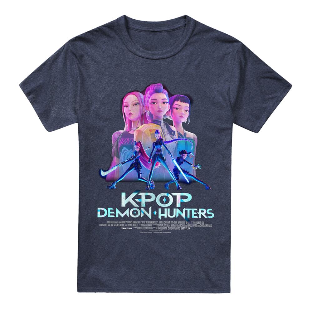 Navy - Front - K-Pop Demon Hunters Unisex Adult Huntr-X Poster Heather T-Shirt