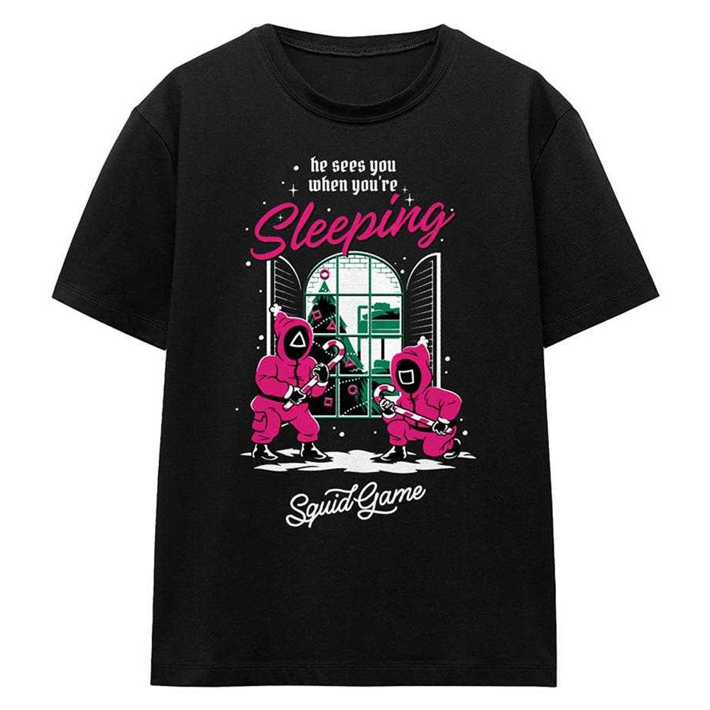 Black - Front - Squid Game Womens-Ladies He Sees You When You´re Sleeping Christmas T-Shirt