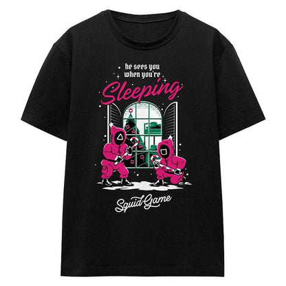 Black - Front - Squid Game Womens-Ladies He Sees You When You´re Sleeping Christmas T-Shirt