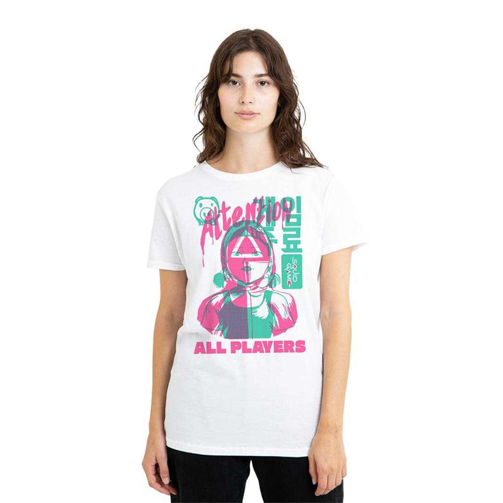 White - Lifestyle - Squid Game Womens-Ladies Attention All Players T-Shirt