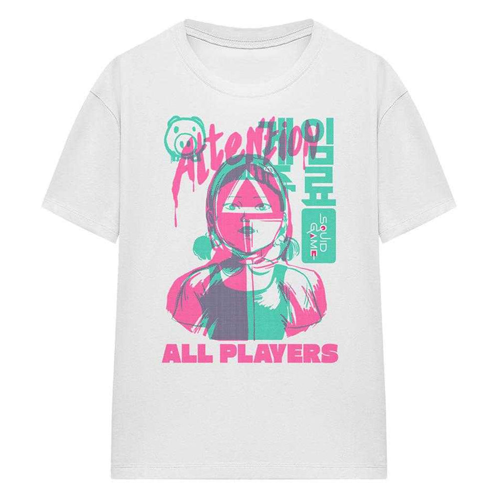 White - Front - Squid Game Womens-Ladies Attention All Players T-Shirt