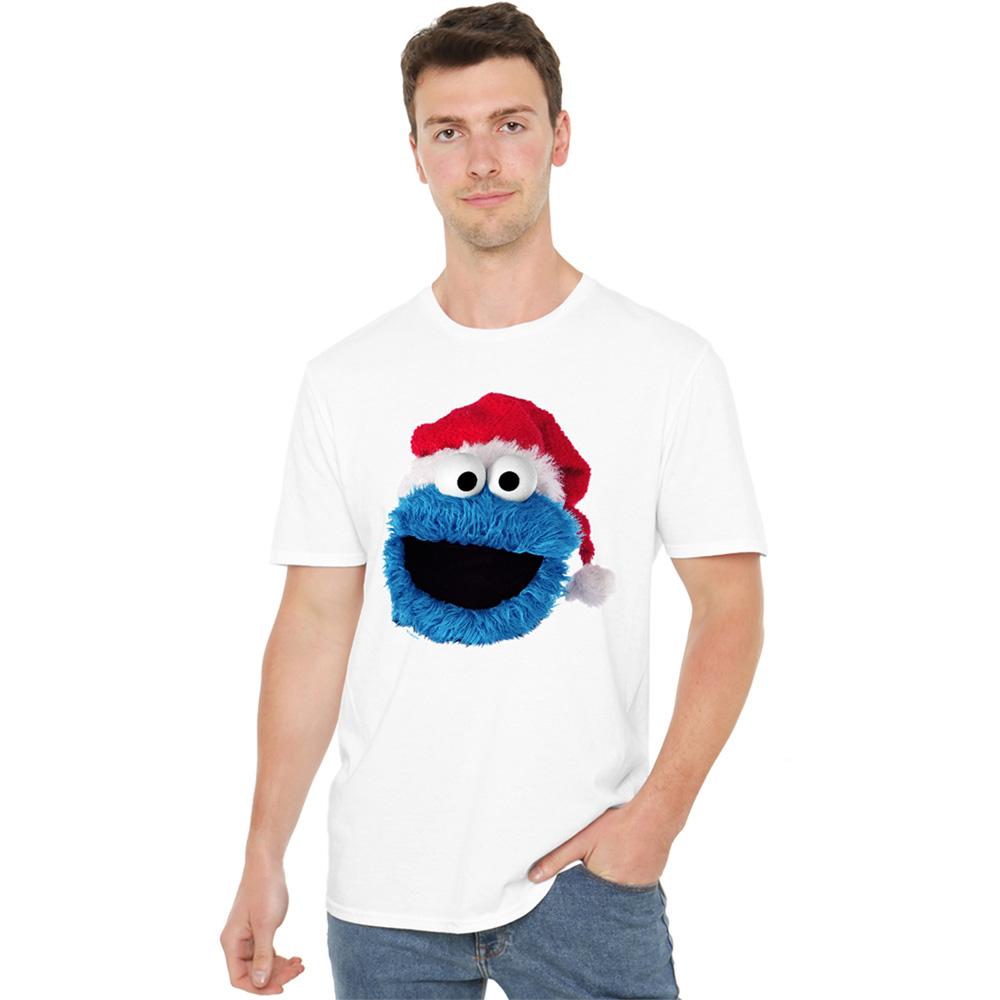 White - Lifestyle - Sesame Street Unisex Adult Cookie Monster Santa Hat T-Shirt