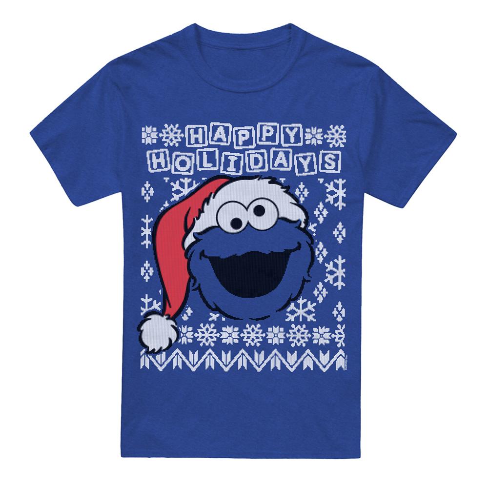 Royal Blue - Front - Sesame Street Unisex Adult Ugly Christmas Cookie Monster Heather T-Shirt