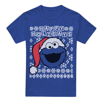 Royal Blue - Front - Sesame Street Unisex Adult Ugly Christmas Cookie Monster Heather T-Shirt