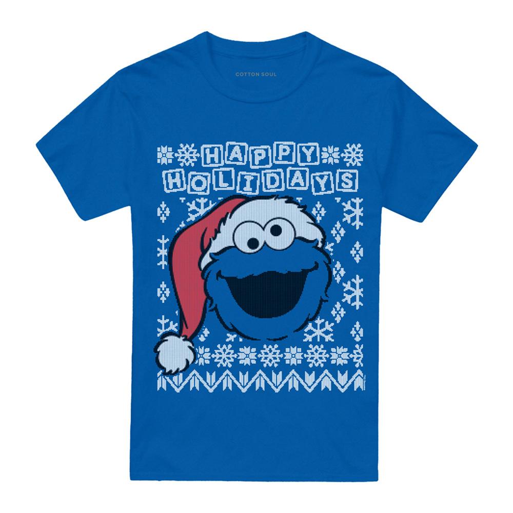 Royal Blue - Front - Sesame Street Unisex Adult Ugly Christmas Cookie Monster T-Shirt