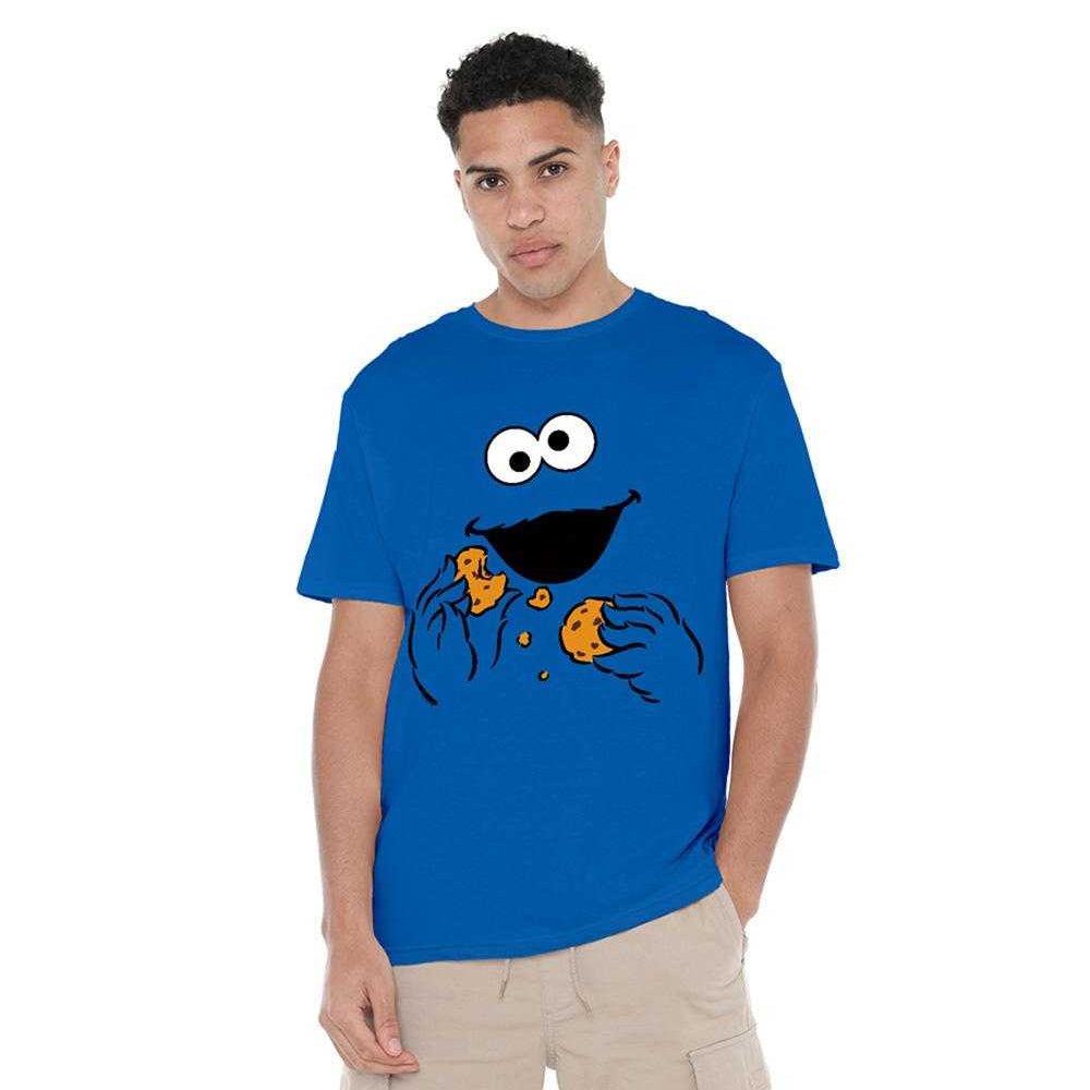 Royal Blue - Lifestyle - Sesame Street Unisex Adult Om Nom Cookie Monster Face T-Shirt