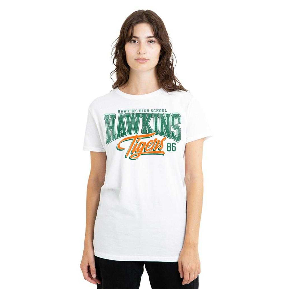 White - Side - Stranger Things Womens-Ladies Hawkins Tigers 86 T-Shirt