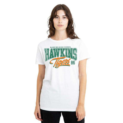 White - Side - Stranger Things Womens-Ladies Hawkins Tigers 86 T-Shirt