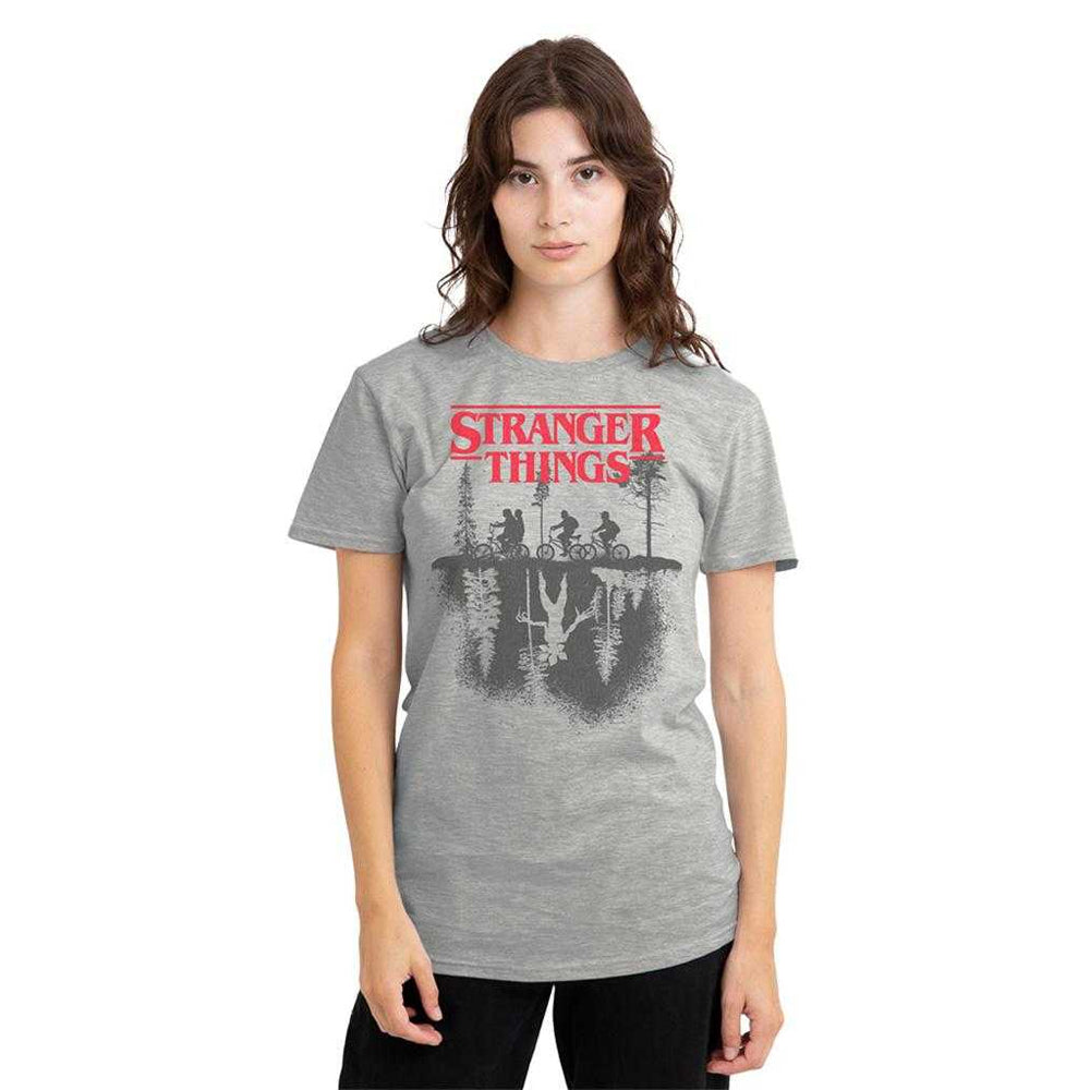 Athletic Heather - Side - Stranger Things Womens-Ladies Forest Silhouette Logo T-Shirt