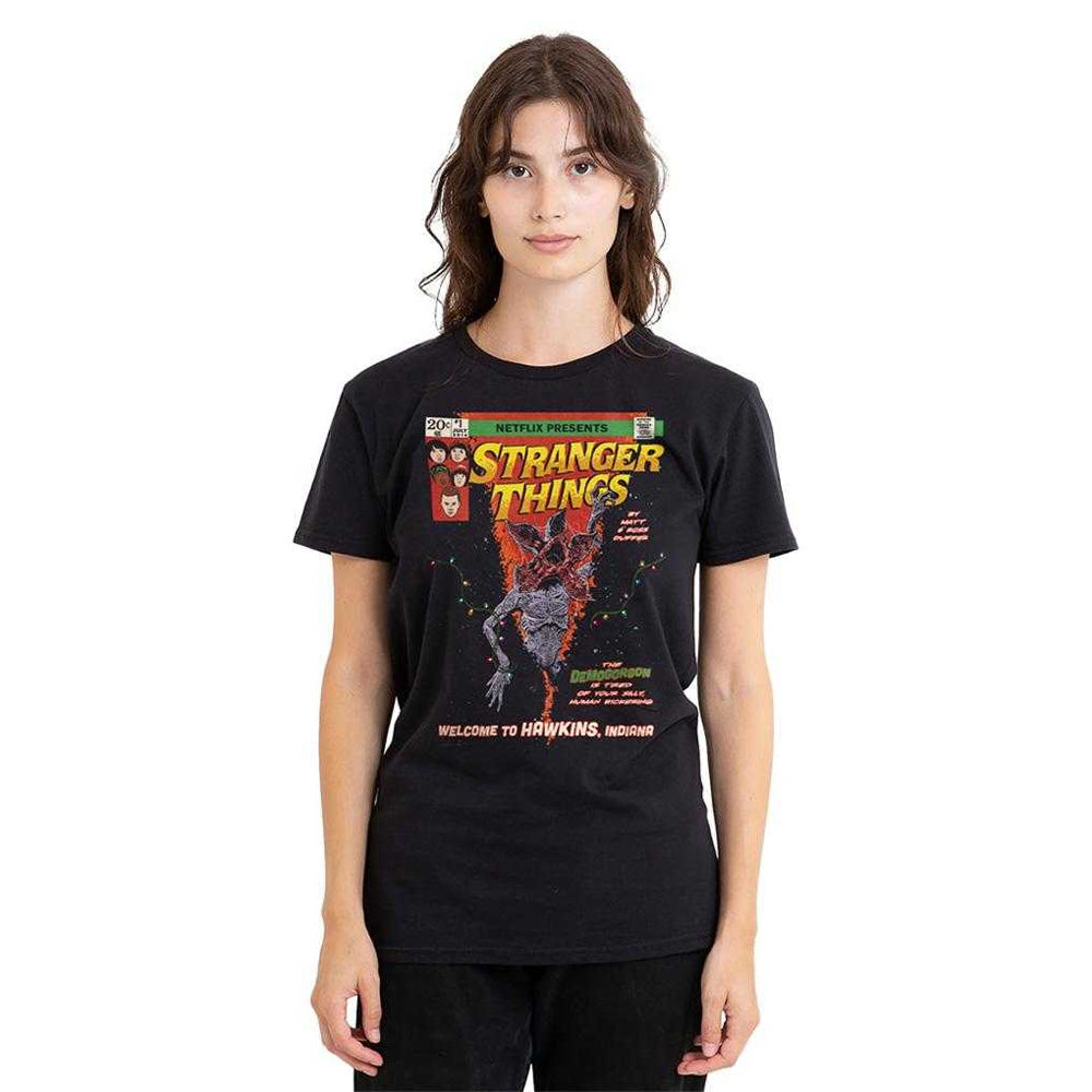 Black - Side - Stranger Things Womens-Ladies Welcome To Hawkins Comic T-Shirt