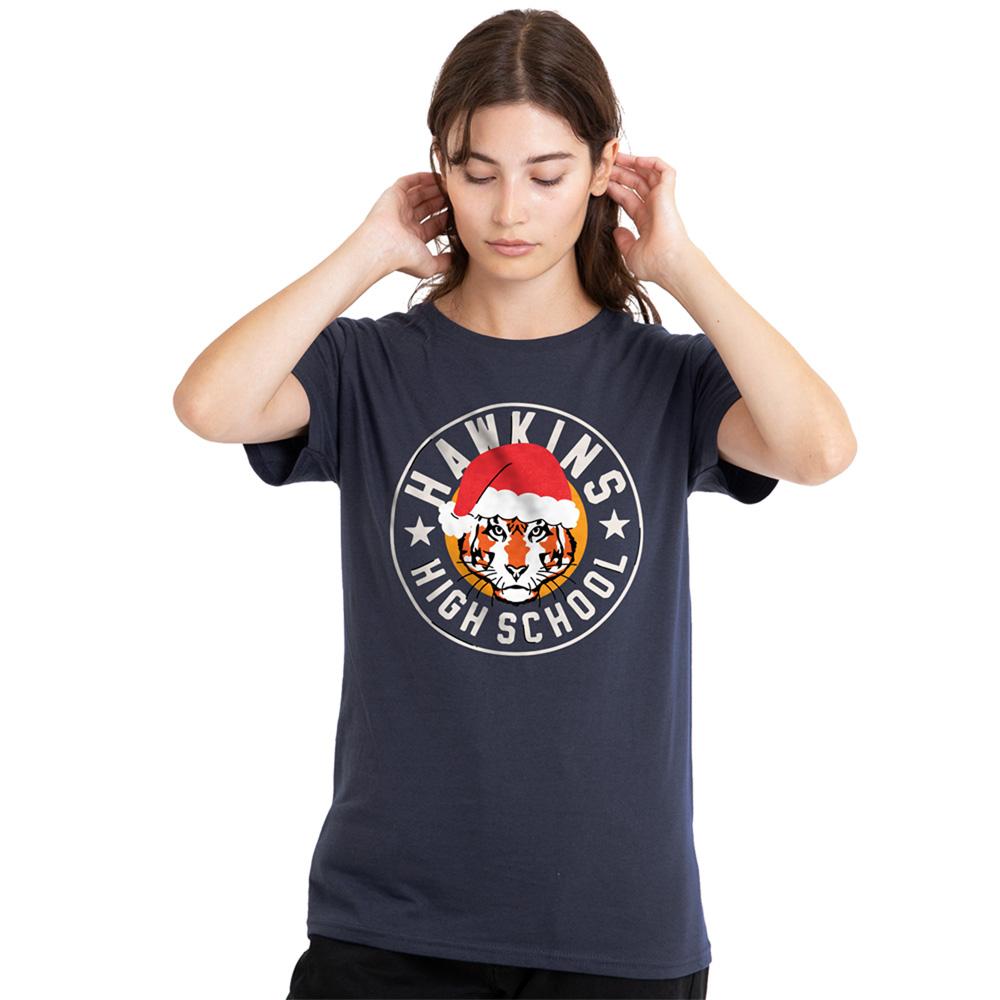 Deep Navy - Side - Stranger Things Womens-Ladies Hawkins High Christmas T-Shirt