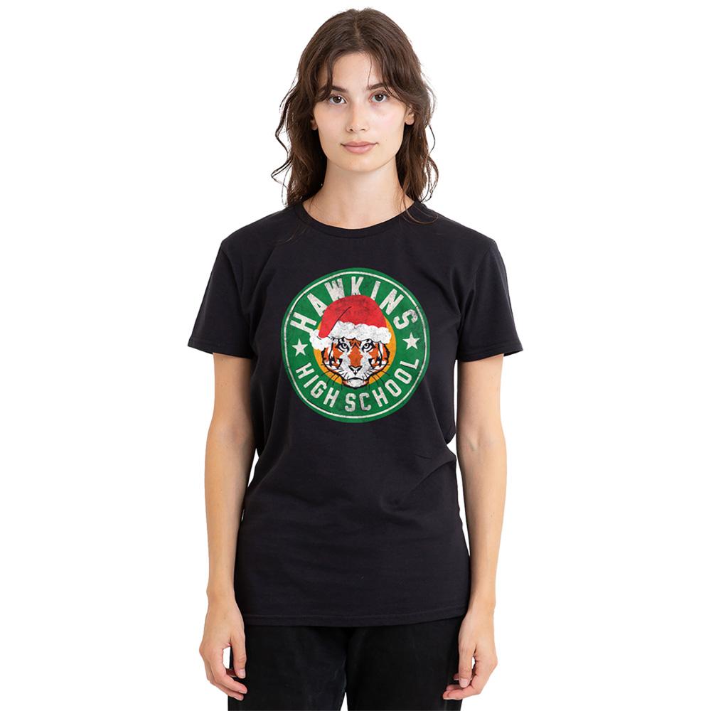 Black - Back - Stranger Things Womens-Ladies Hawkins High Christmas T-Shirt