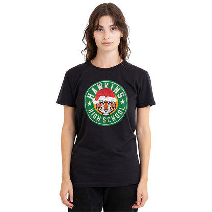 Black - Back - Stranger Things Womens-Ladies Hawkins High Christmas T-Shirt