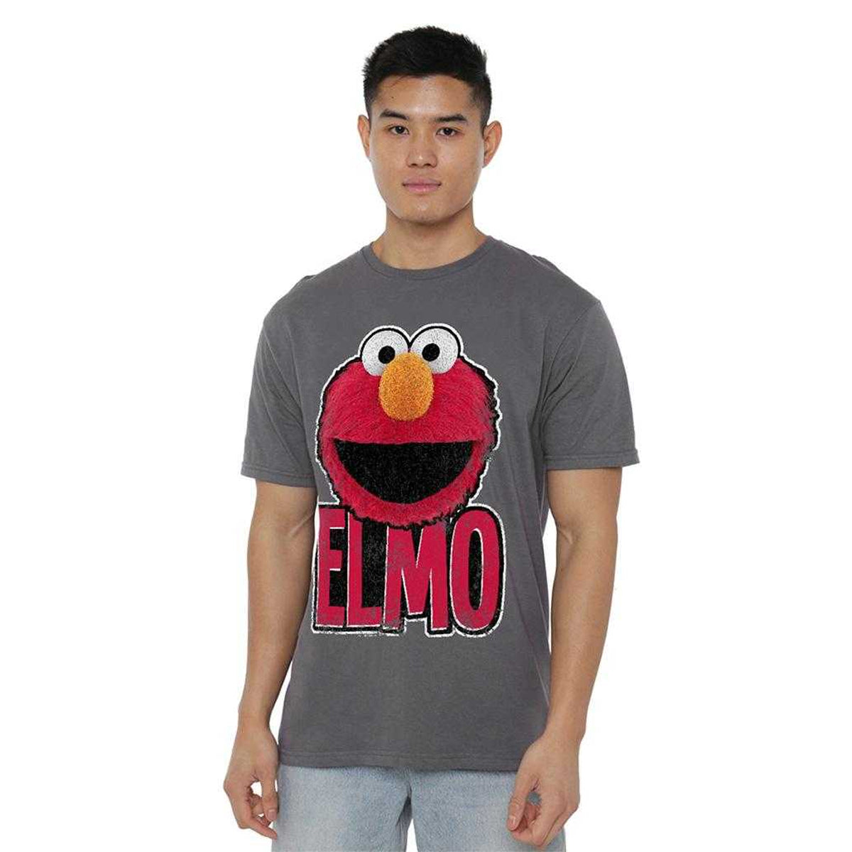 Charcoal - Side - Sesame Street Unisex Adult Elmo Smile T-Shirt