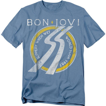 Carolina Blue - Front - Bon Jovi Unisex Adult Slippery When Wet Tour Dates T-Shirt