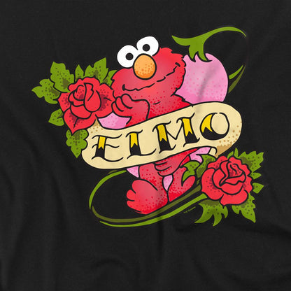 Black - Side - Sesame Street Unisex Adult Elmo Tattoo T-Shirt