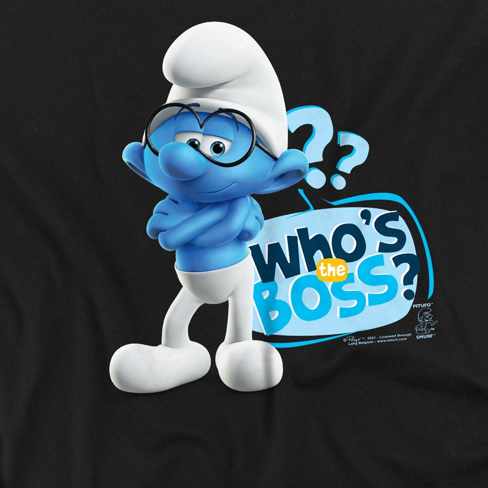 Black - Side - The Smurfs Unisex Adult Who´s The Boss? Brainy Smurf T-Shirt