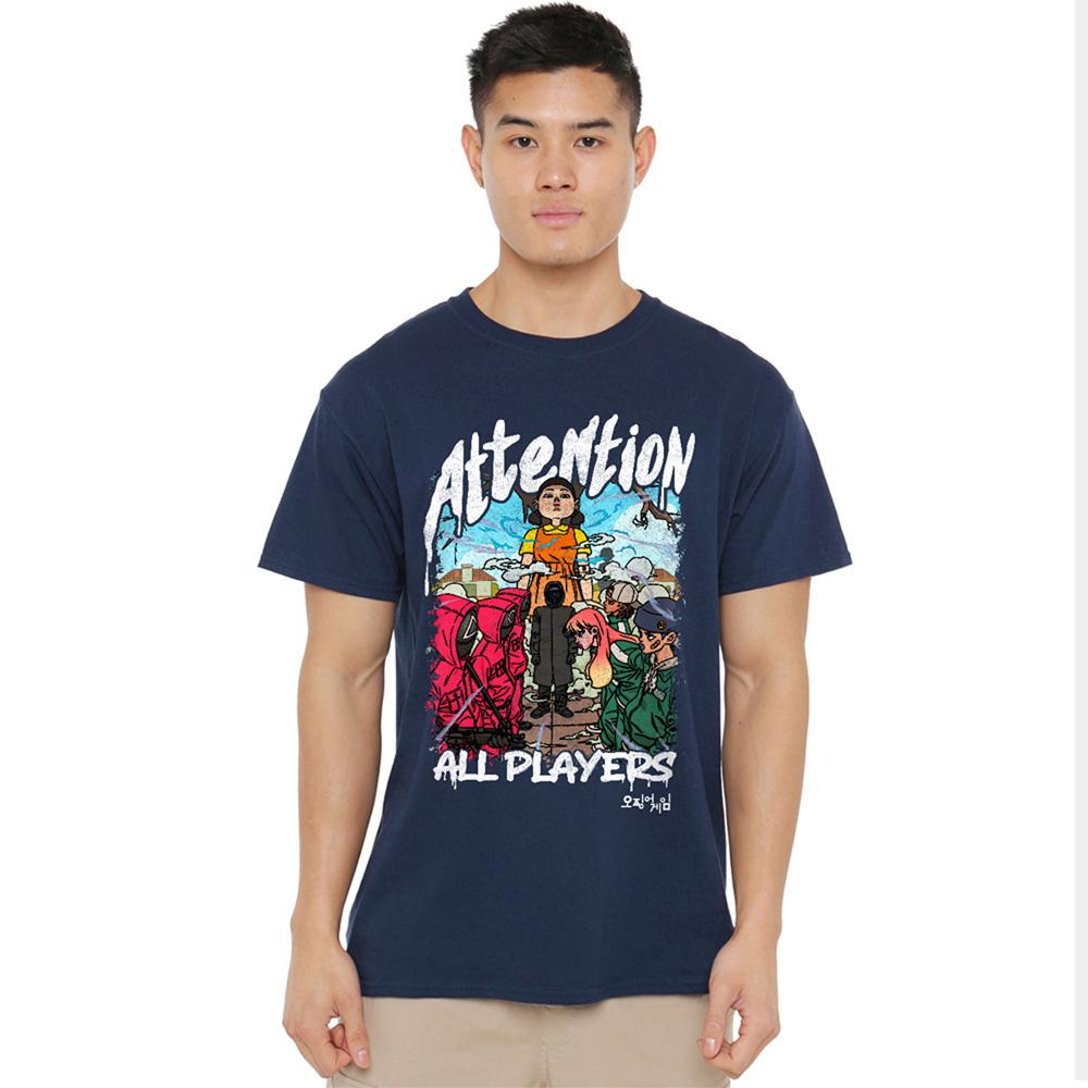 Navy - Front - Squid Game Unisex Adult Season Three Attention Anime T-Shirt