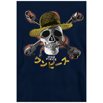 Navy - Side - One Piece Childrens-Kids Jolly Roger Straw Hat Hoodie