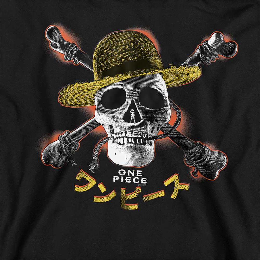 Black - Side - One Piece Childrens-Kids Jolly Roger Straw Hat Hoodie