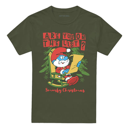 Military Green - Front - The Smurfs Unisex Adult Are You On The List Papa Smurf Christmas T-Shirt